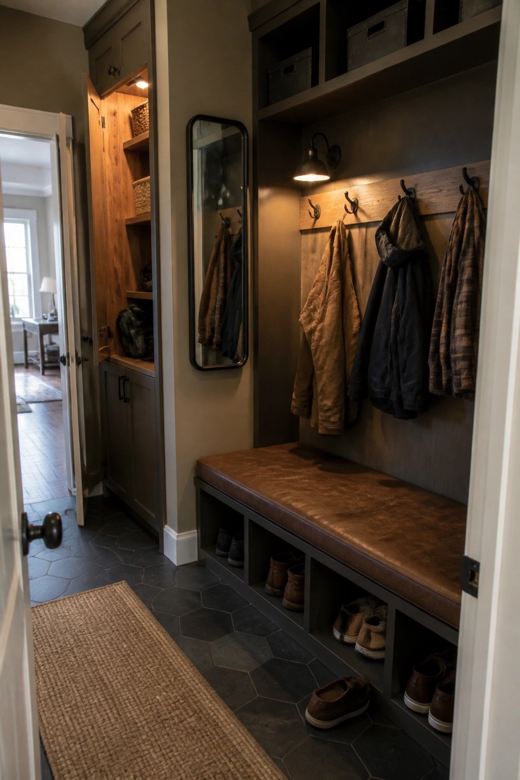 Rustic mudroom with brown bench, hanging coats, shoe cubbies, open shelves, and mirror.