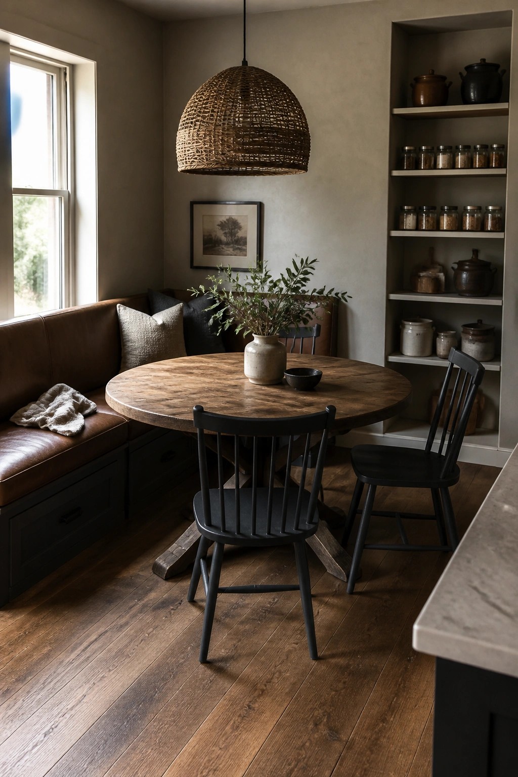 Rustic dining nook with round wooden table, black chairs, leather banquette, and open shelves