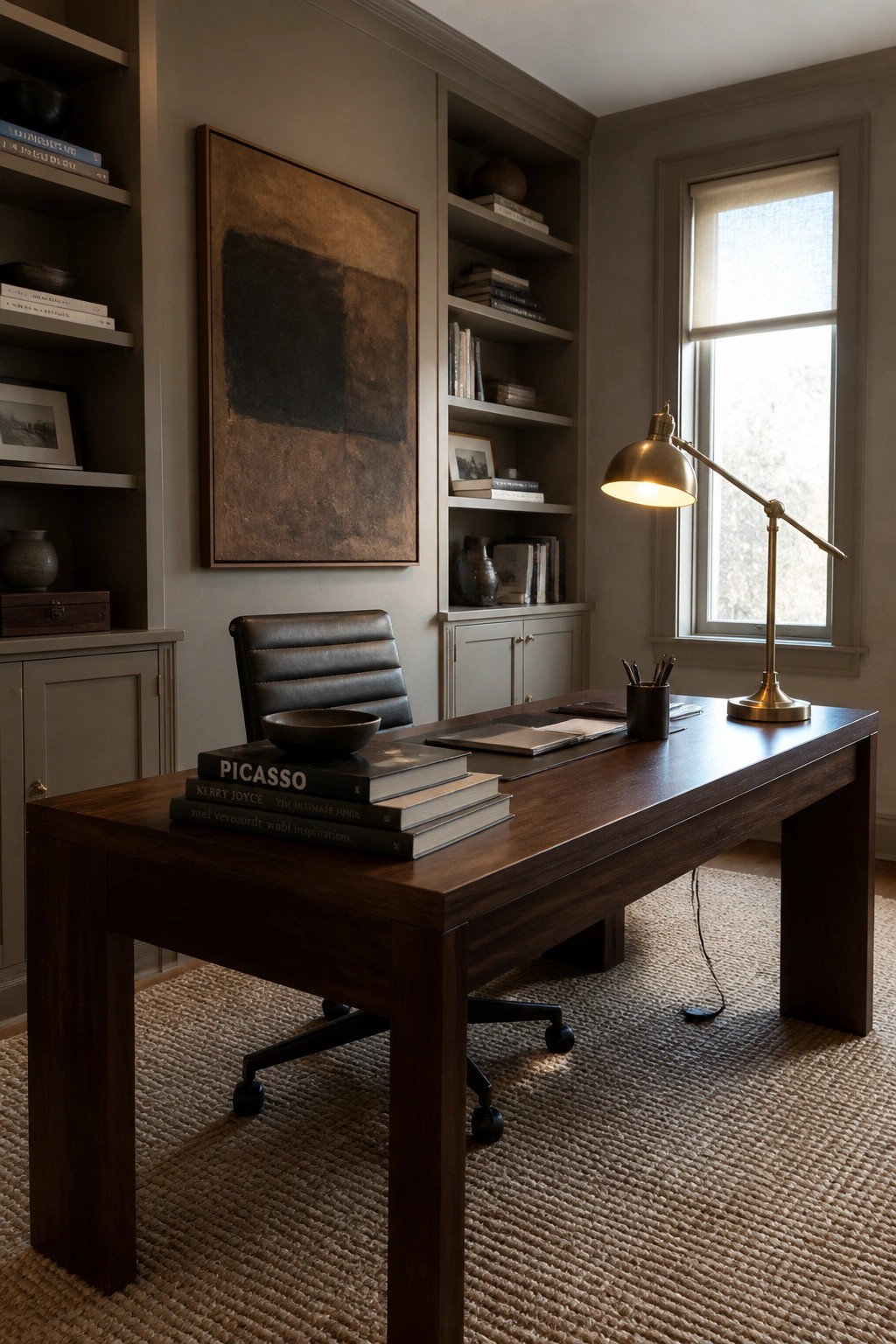 A home office featuring a dark wood desk against built-in bookshelves and cabinets on taupe walls, with a brown leather chair and brass desk lamp.