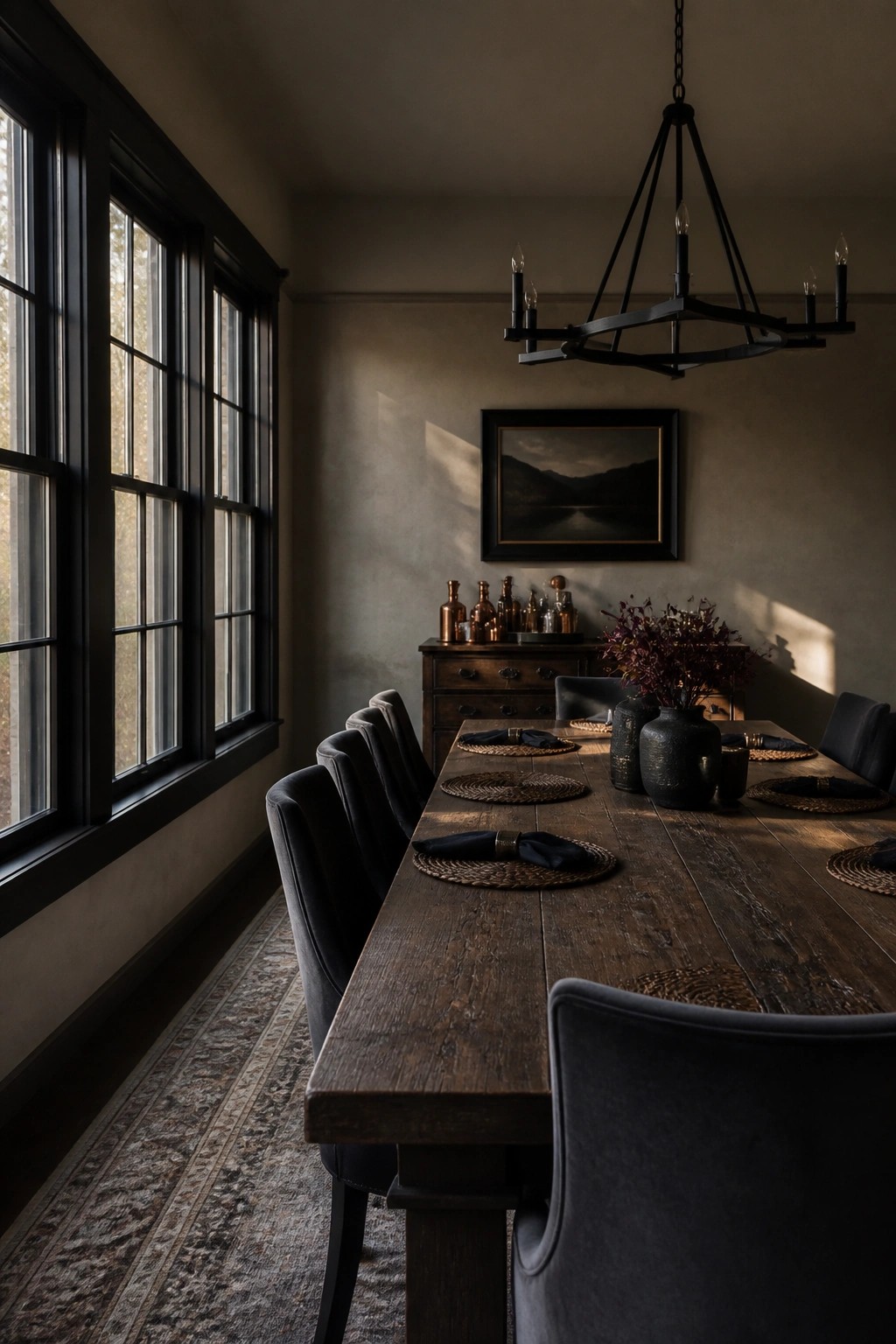 A long dark wood dining table with woven placemats and dark napkins sits in a taupe-walled room beside tall black-framed windows, with charcoal upholstered chairs and a black chandelier overhead.