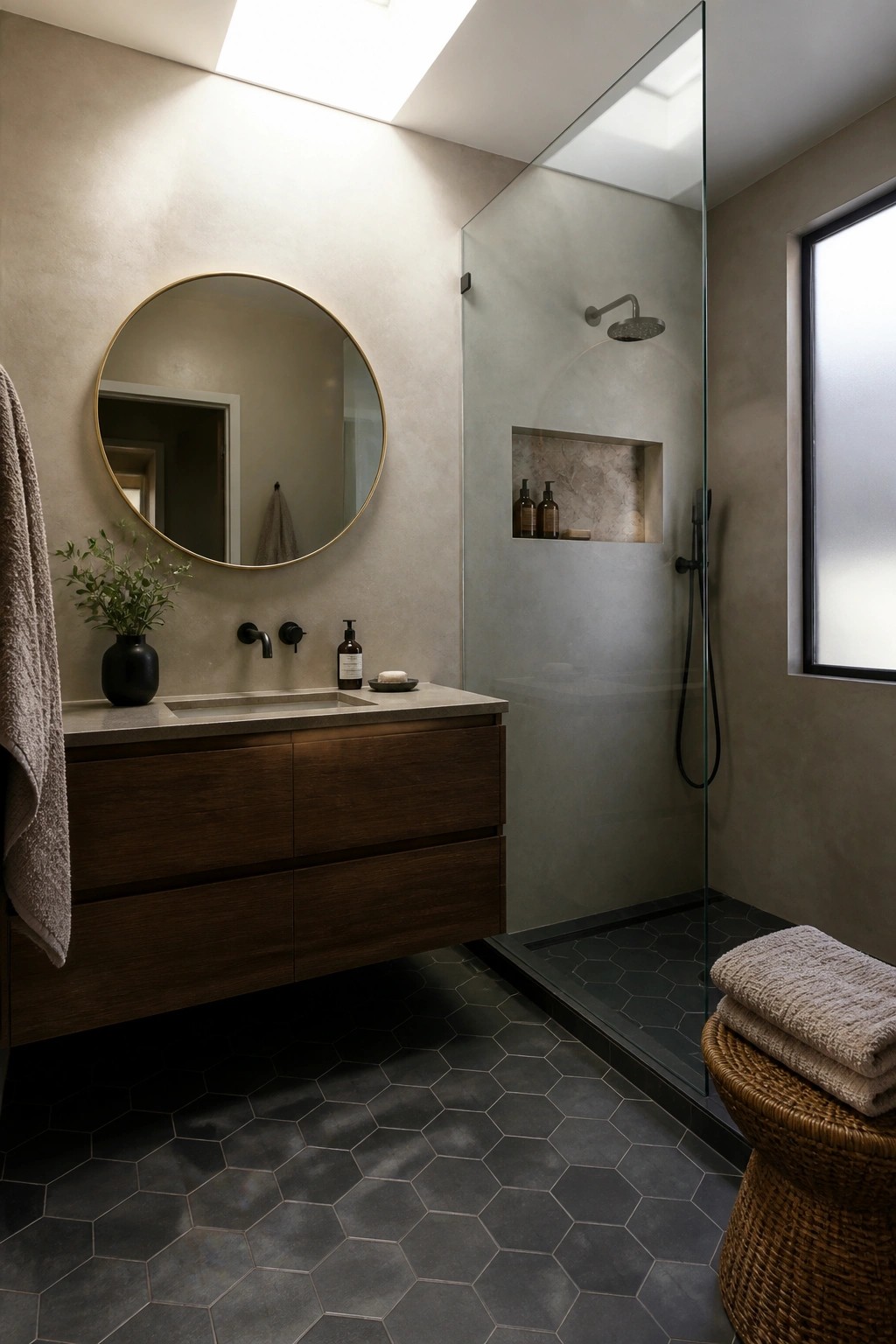 A bathroom featuring a floating dark wood vanity under a round mirror, taupe walls, charcoal hexagonal floor tiles, and a glass shower enclosure.