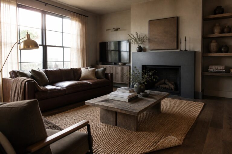 19 Warm Neutral Masculine Interior Design Ideas Using Taupe, Brown, and Charcoal A living room with a brown leather sofa, wooden coffee table stacked with books, built-in shelves holding pottery, and a dark fireplace.