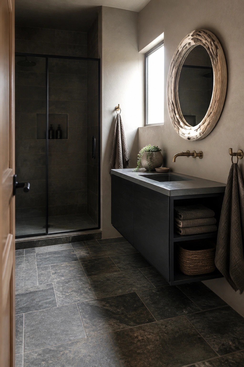 A bathroom with dark gray tiled floor and walls, a floating dark vanity with concrete countertop and open shelves holding towels, a round wooden mirror, and a glass shower on the left.