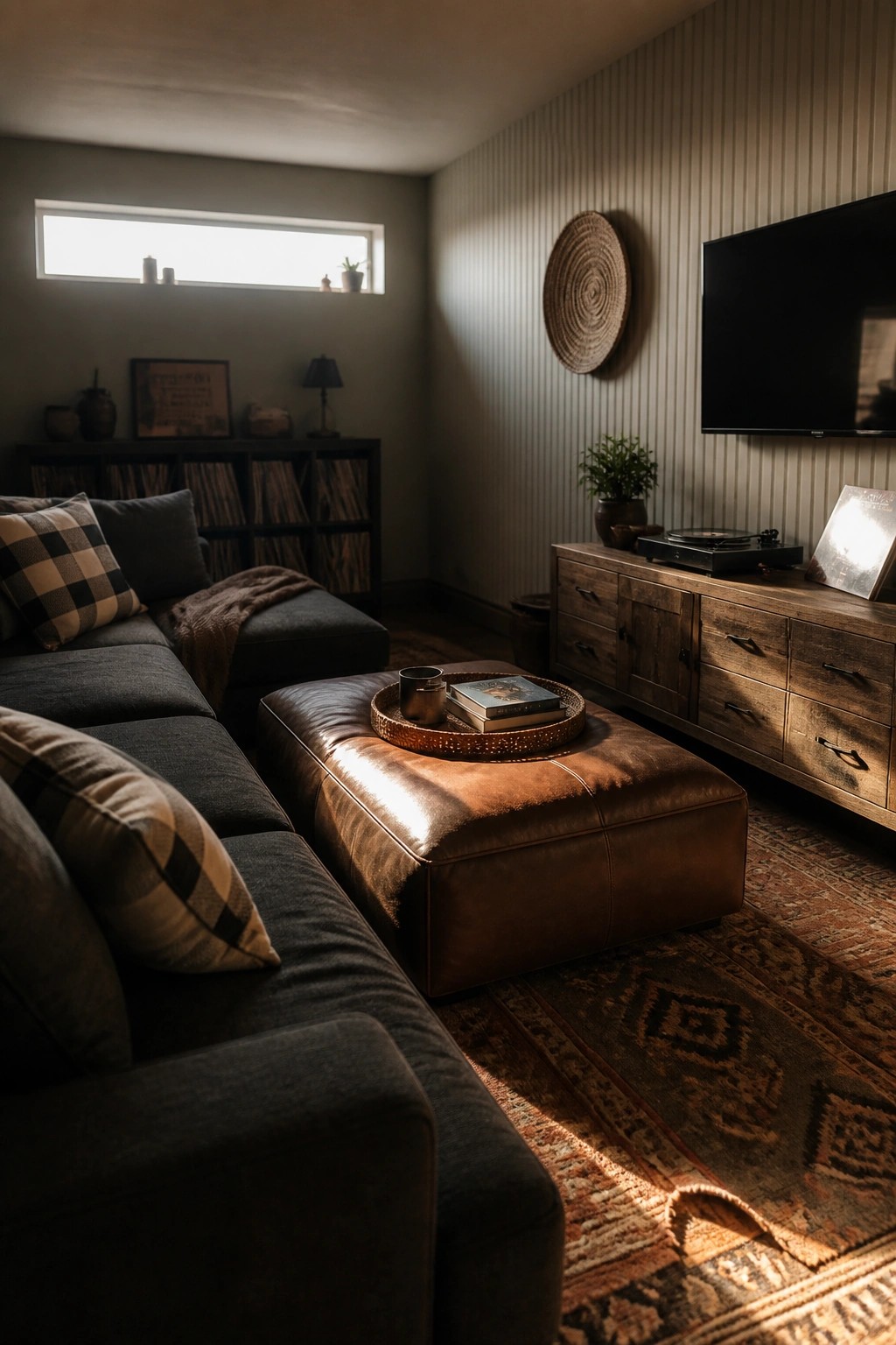 Cozy living room with gray sectional sofa, leather ottoman, record player, and patterned rug.