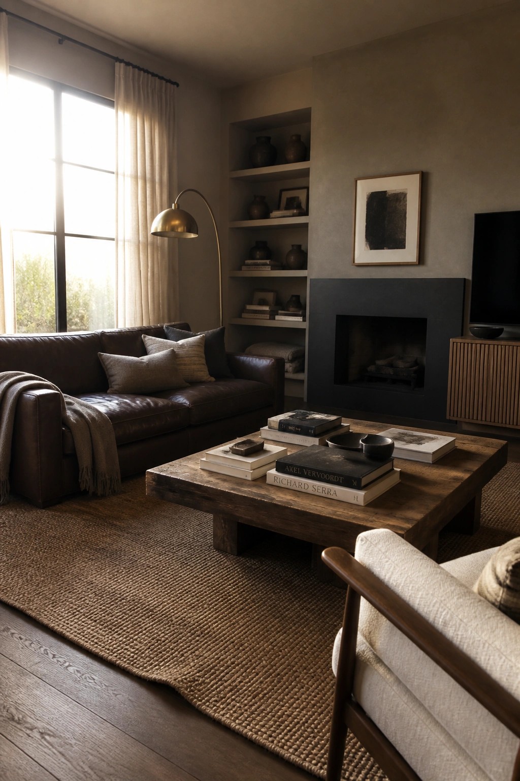 A living room with a brown leather sofa, wooden coffee table stacked with books, built-in shelves holding pottery, and a dark fireplace.