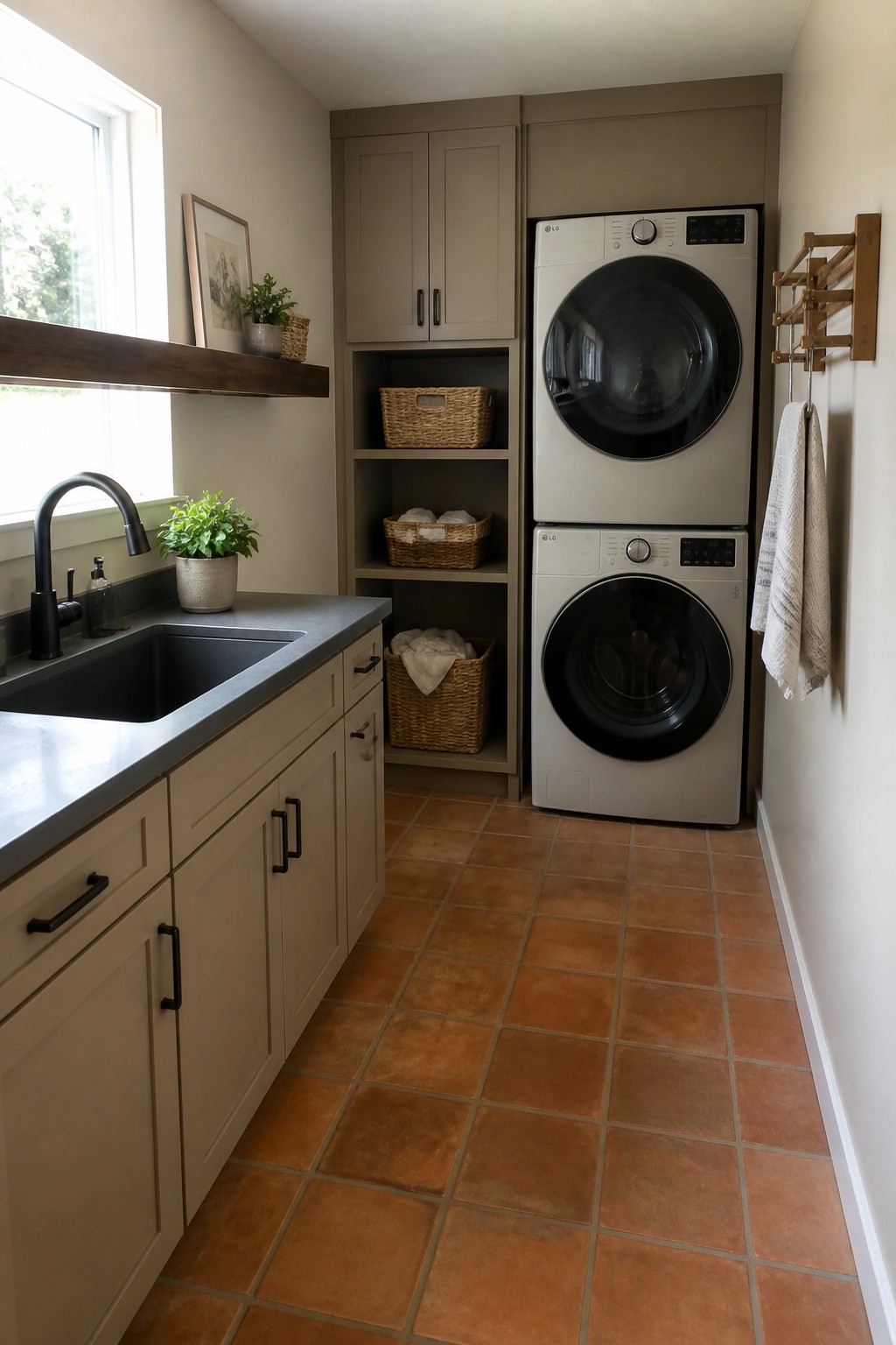 Modern laundry room with beige cabinets, black sink, stacked washer dryer, terracotta floors
