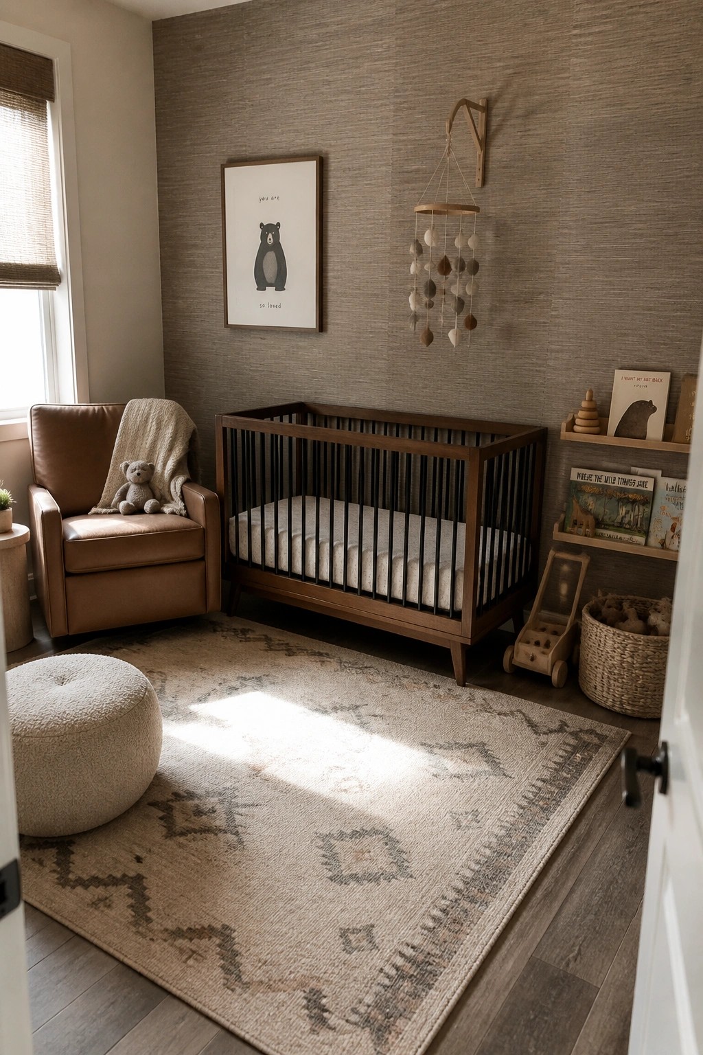 Cozy nursery with wooden crib, leather armchair, patterned rug, mobile, and bear art.