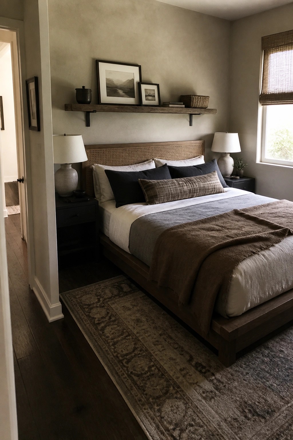 Neutral-toned bedroom with cane headboard bed, floating shelf, nightstands, and patterned rug.