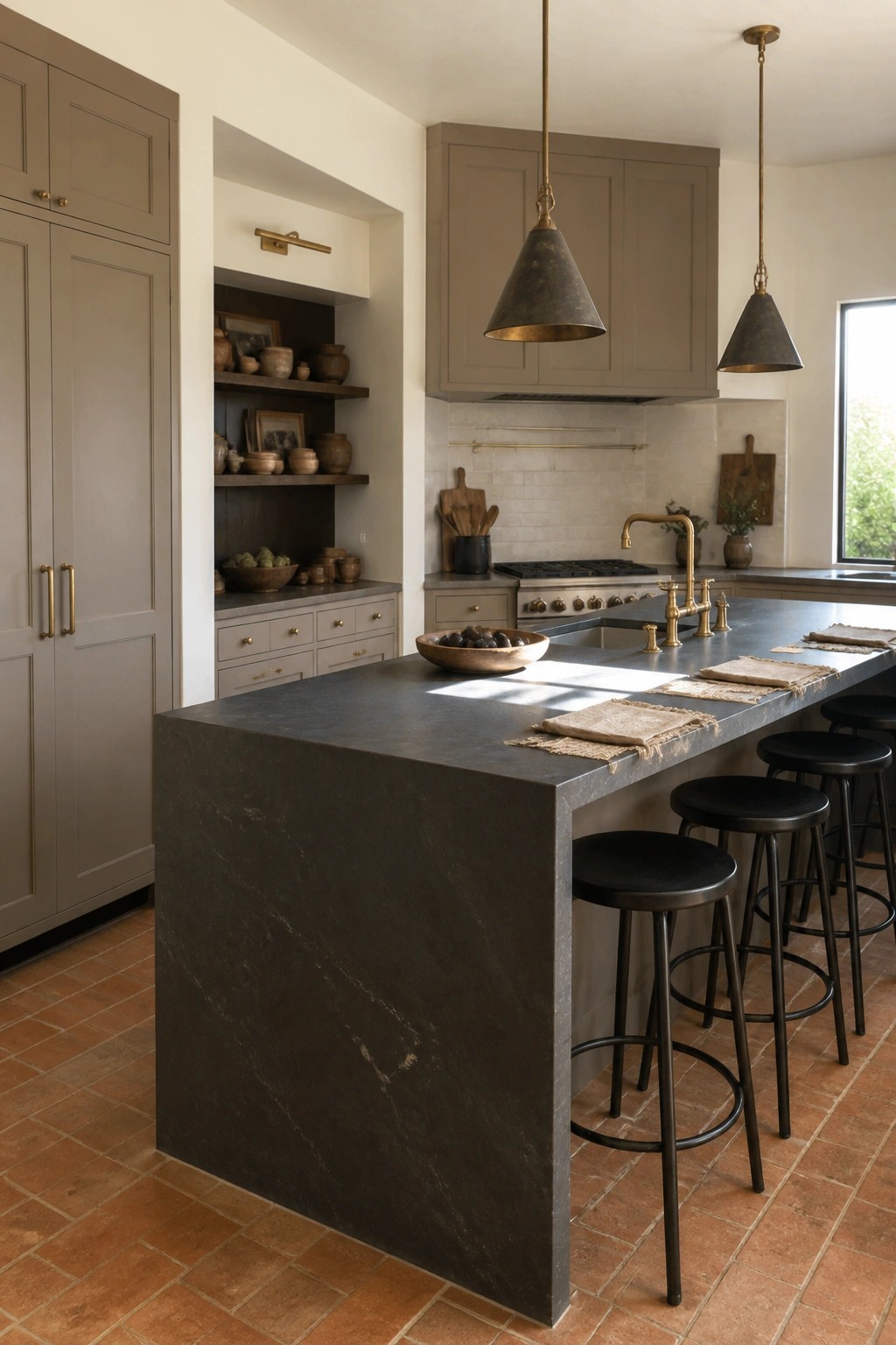 Modern kitchen with dark stone island, black stools, and brass pendant lights