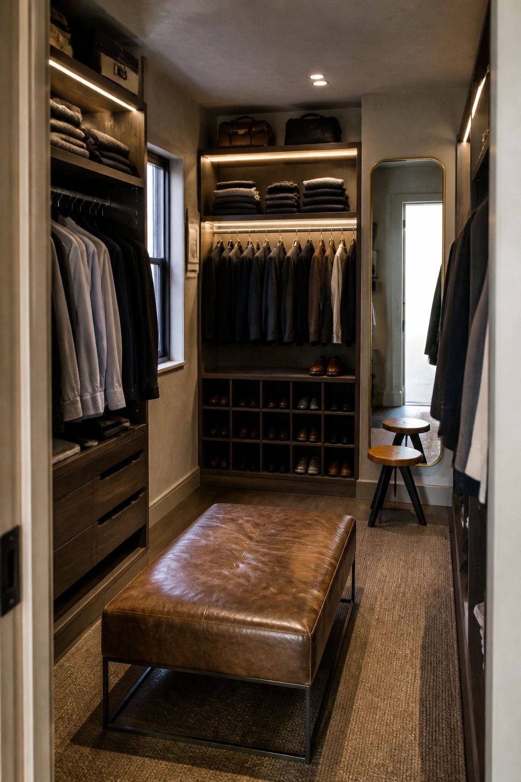 Luxurious walk-in closet with wooden shelves, leather ottoman, mirror, and organized shoes.