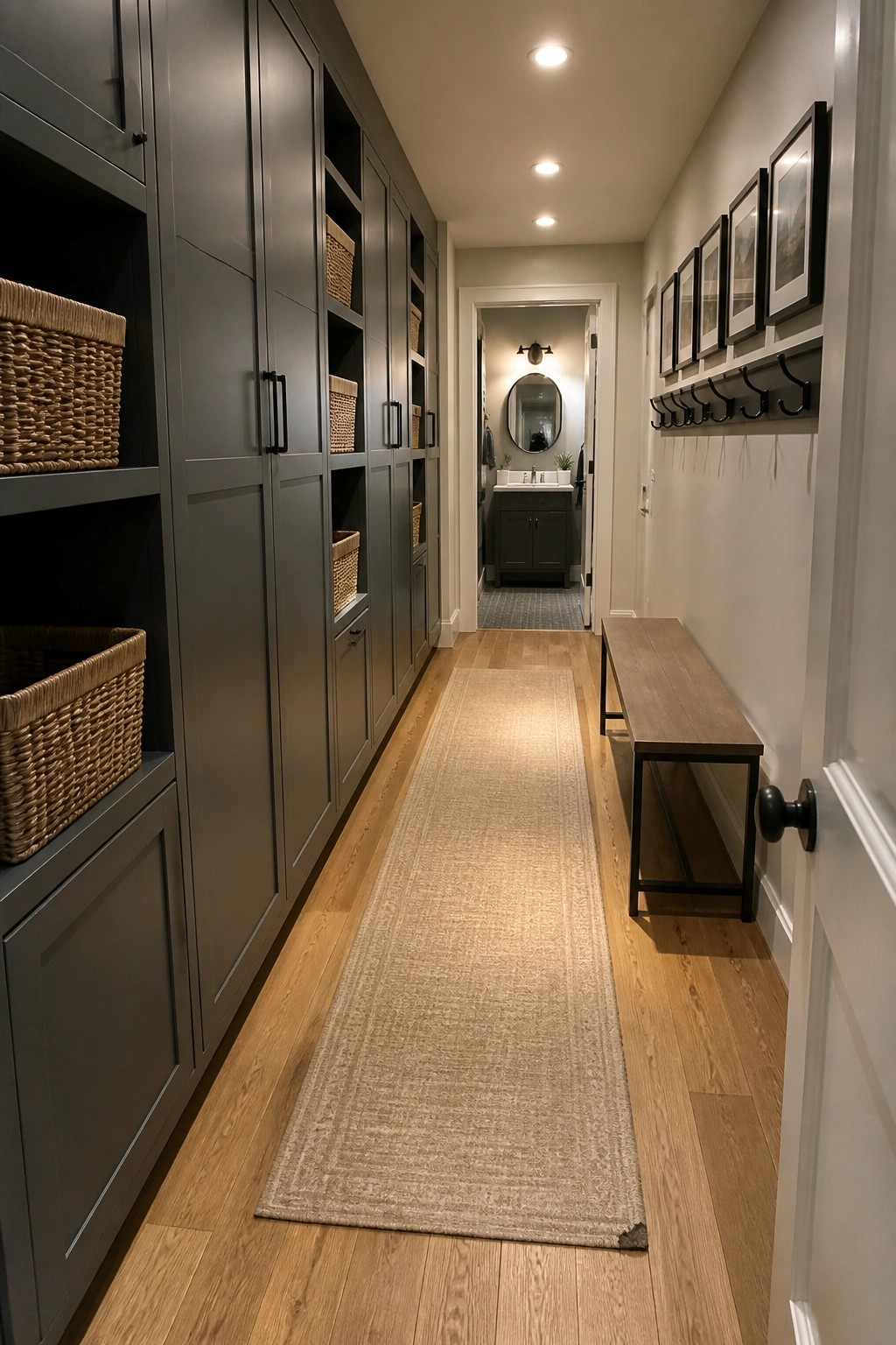 Narrow interior hallway with tall dark gray built-in cabinets and woven baskets on the left wall, a wooden bench with black coat hooks on the right wall, and a long beige runner rug over light wood flooring.