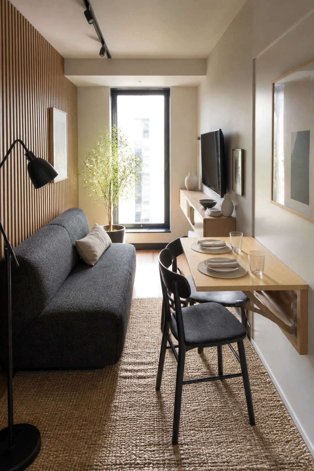 Modern compact living area with gray sofa, wooden dining table, TV, and rug.