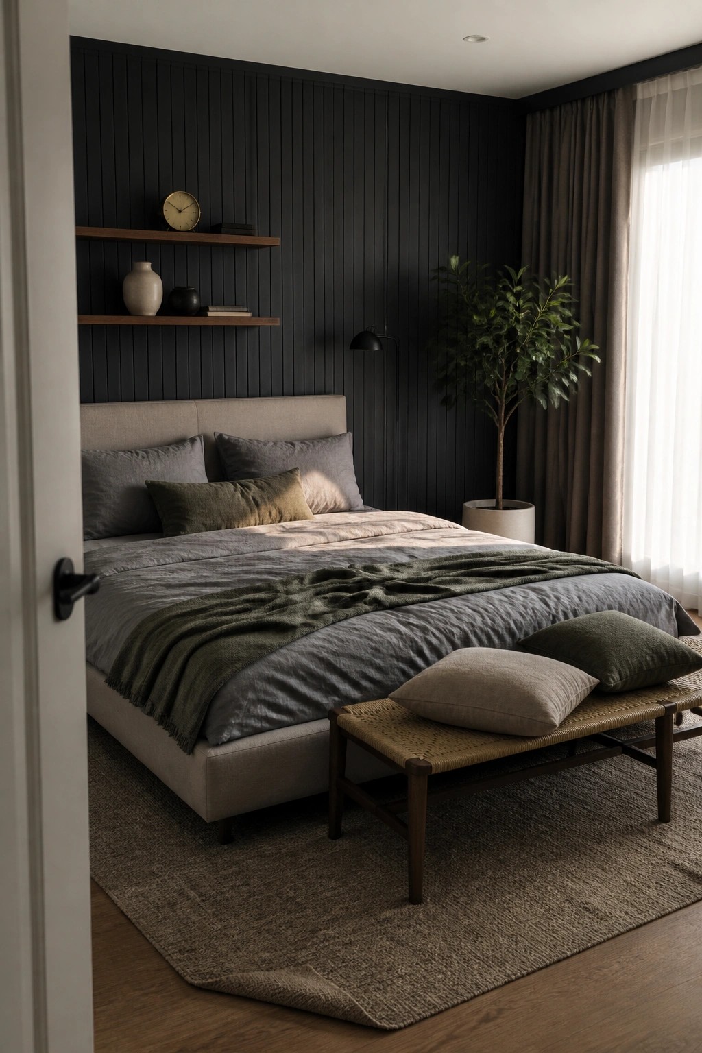 Modern bedroom with dark paneled walls, gray-green bed linens, woven bench, and potted tree.
