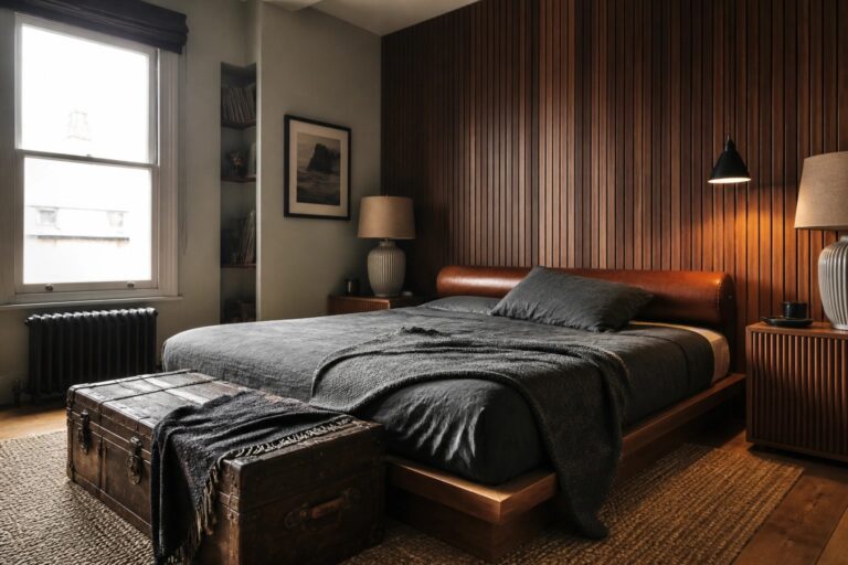 20 Creative Masculine Bedroom Accent Walls Using Slatted Wood Dark bedroom with wood-paneled wall, gray linen bedding, leather bolster, and vintage trunk.