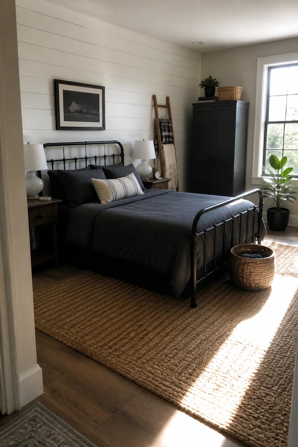 A bedroom featuring a white horizontal slatted wood accent wall behind a black metal bed with dark gray bedding.