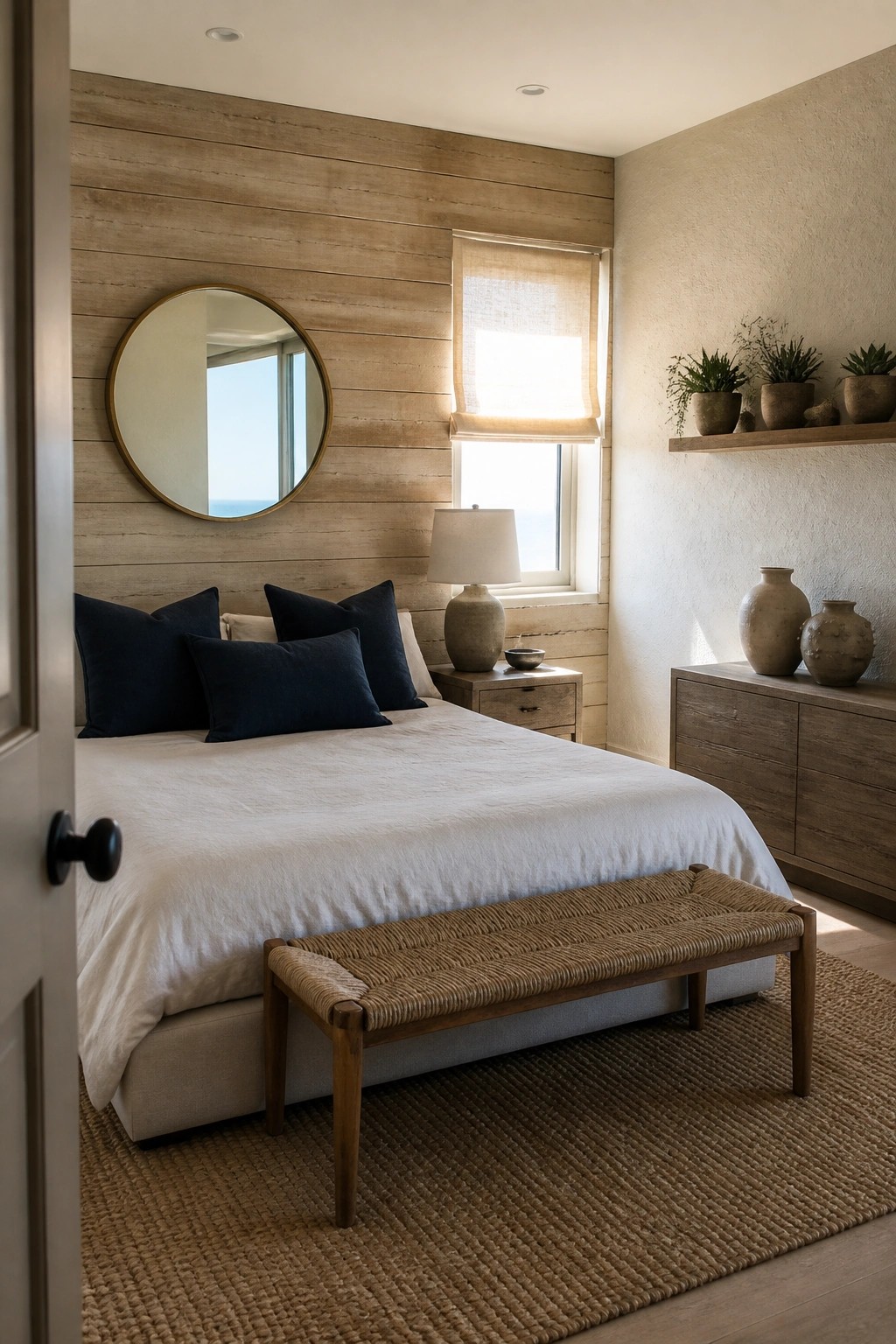 A bedroom interior showing a horizontal wood slat accent wall behind a bed with white bedding and dark pillows, along with a round mirror and a window with a woven shade.