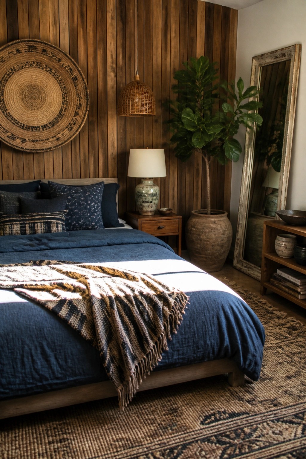 Cozy bedroom with blue bedding, fringed throw, wicker lamp, and fiddle leaf fig plant