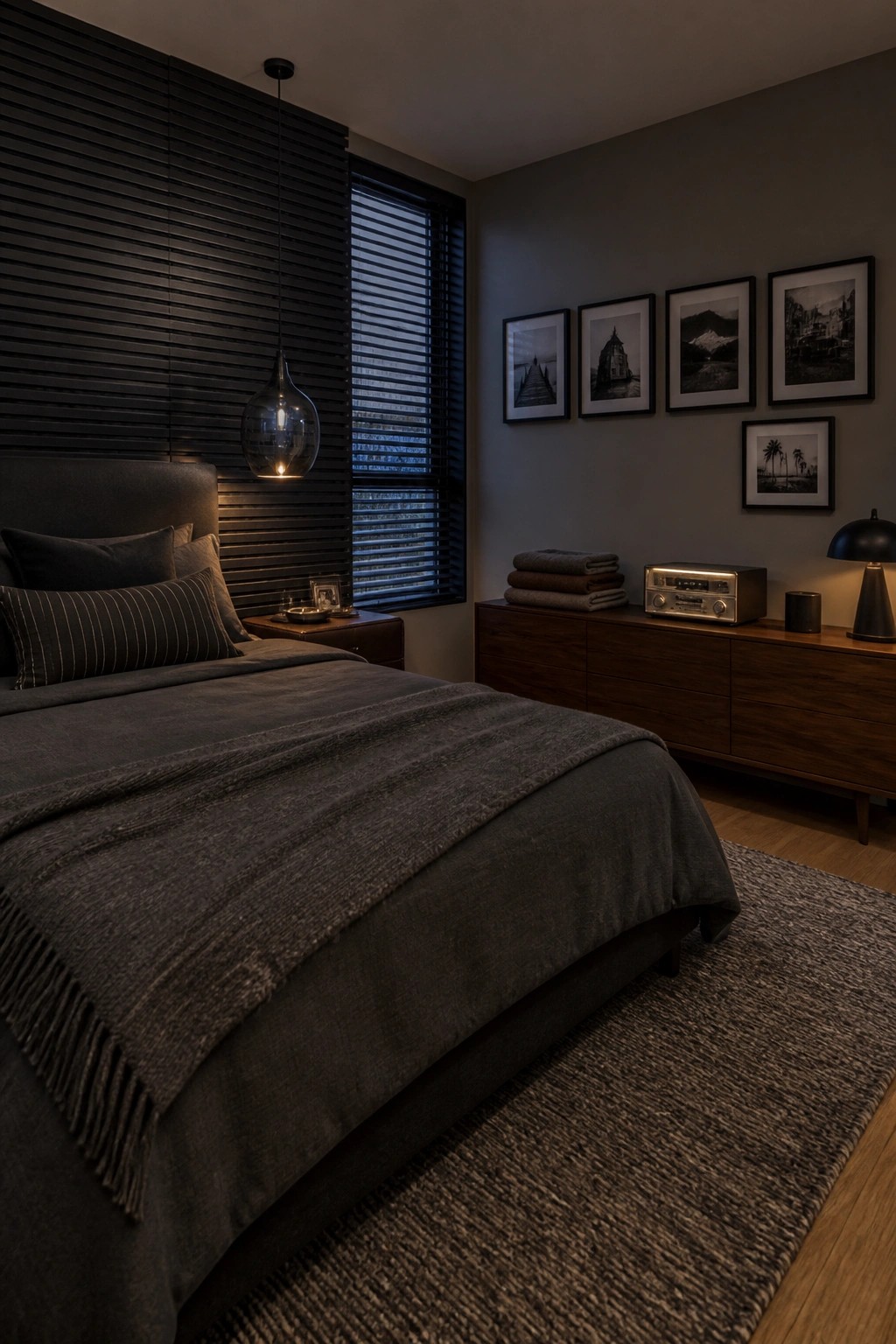 A dimly lit bedroom with a dark slatted wood accent wall behind a bed dressed in gray bedding, a glass pendant light, a wooden nightstand, and a long wooden dresser holding stacked towels and framed black and white photos.