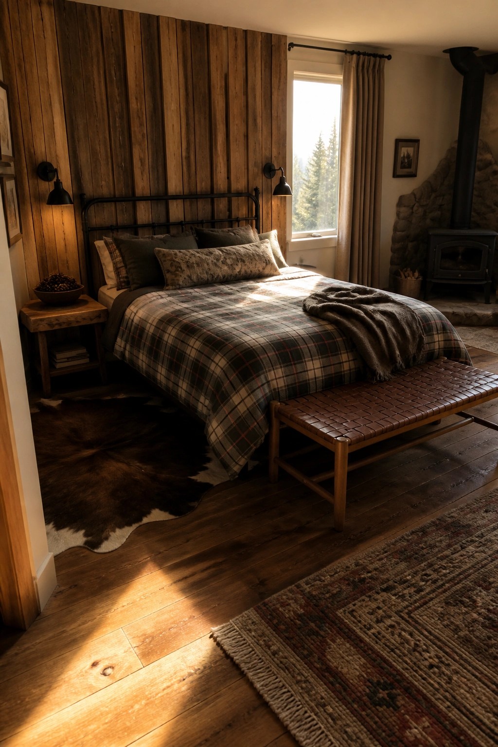A bedroom with a black metal bed frame against a vertical slatted wood accent wall, plaid bedding, a woven bench, and a wood-burning stove near a window.