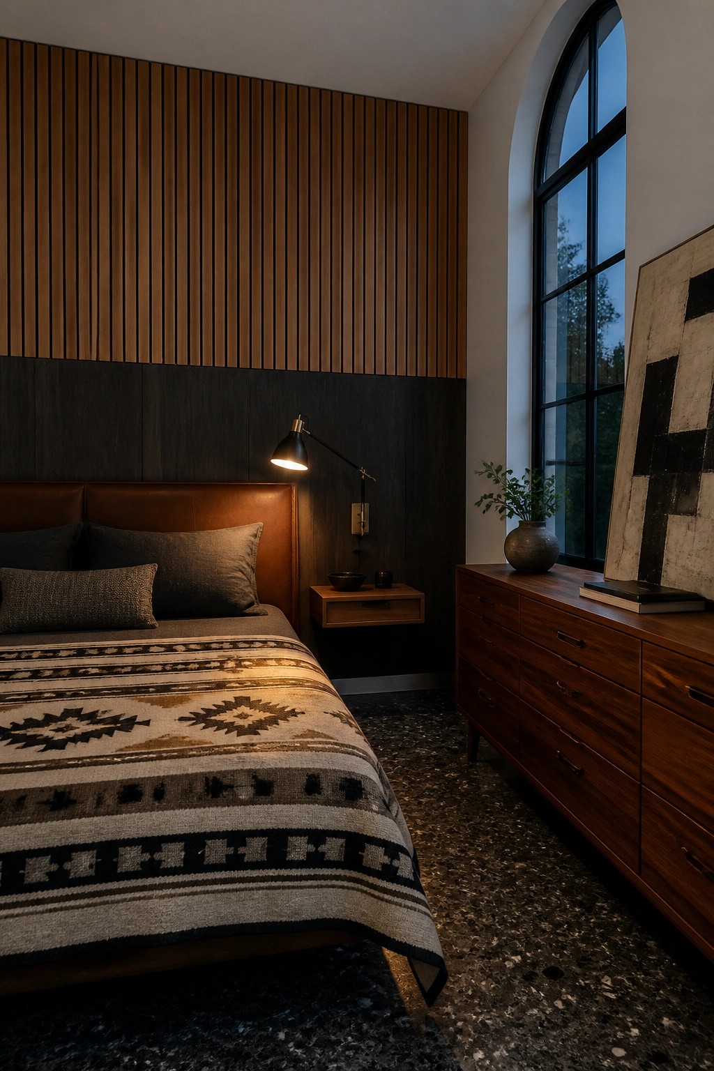 A bedroom featuring a bed with a brown leather headboard against a wall with vertical wood slats above dark paneling, positioned beside a tall arched window.