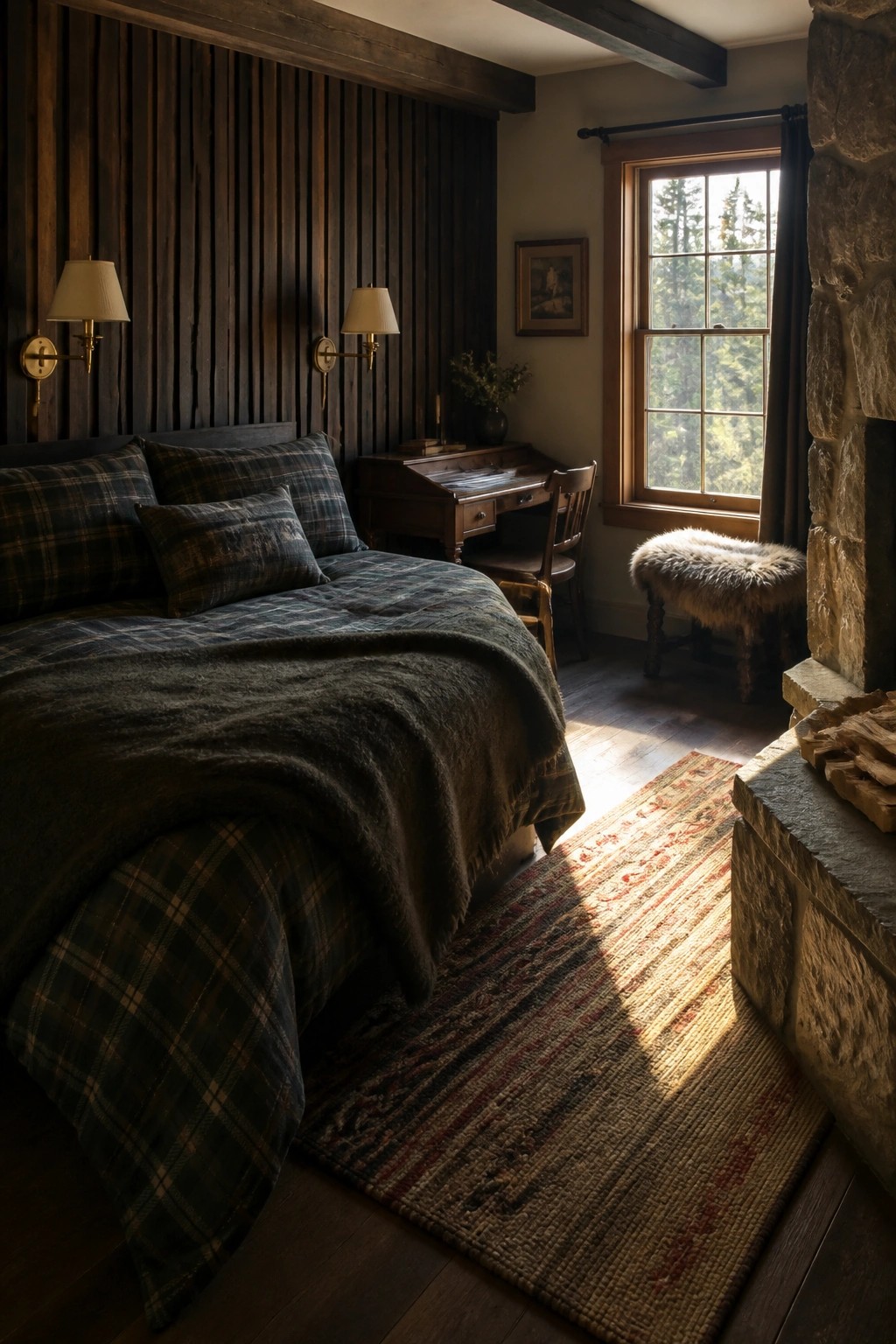 Rustic bedroom with plaid bed, wooden desk, stone fireplace, and sunlit rug.