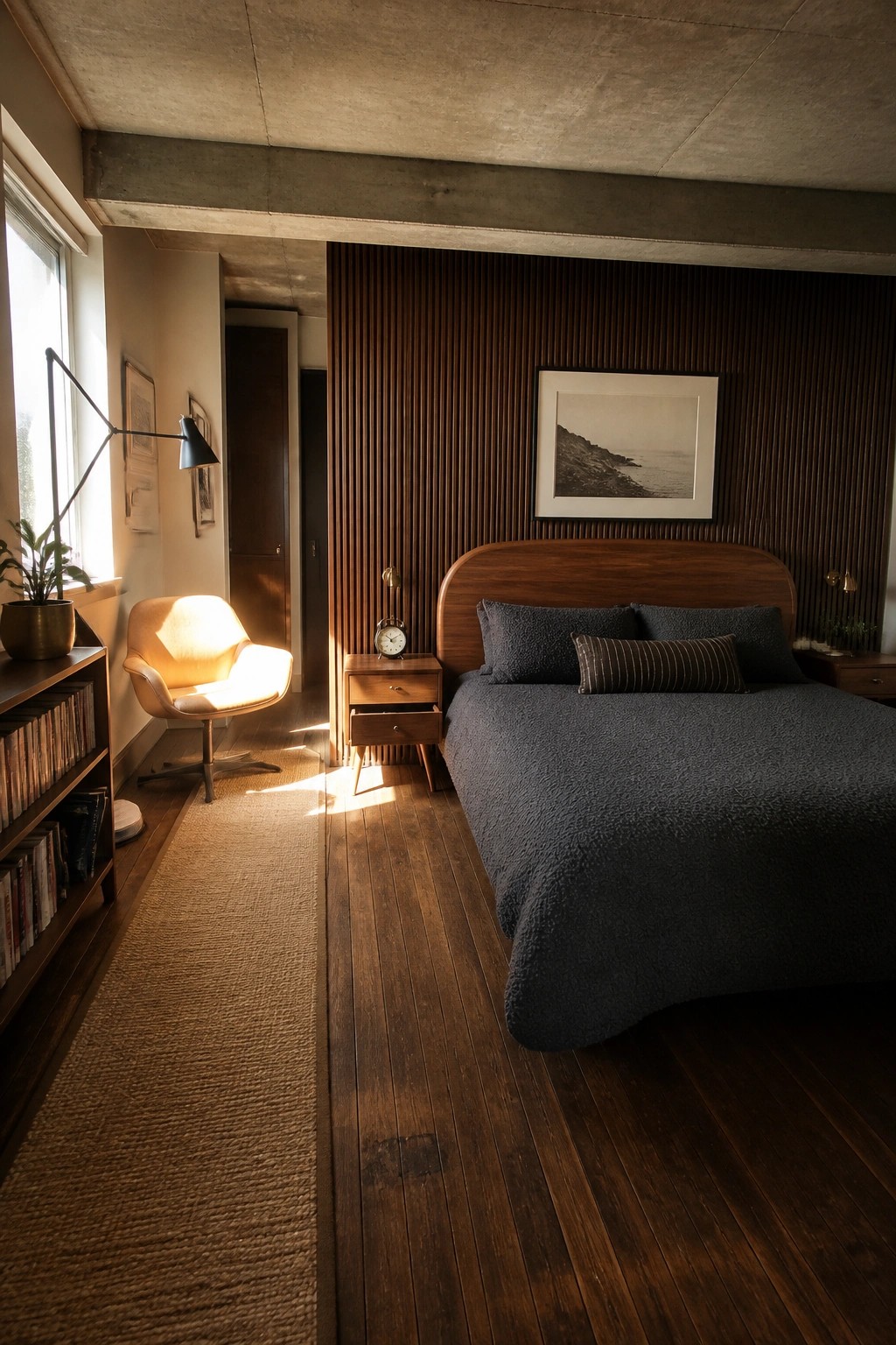 Sunlit modern bedroom with dark blue bed, wooden slat wall, and woven rug