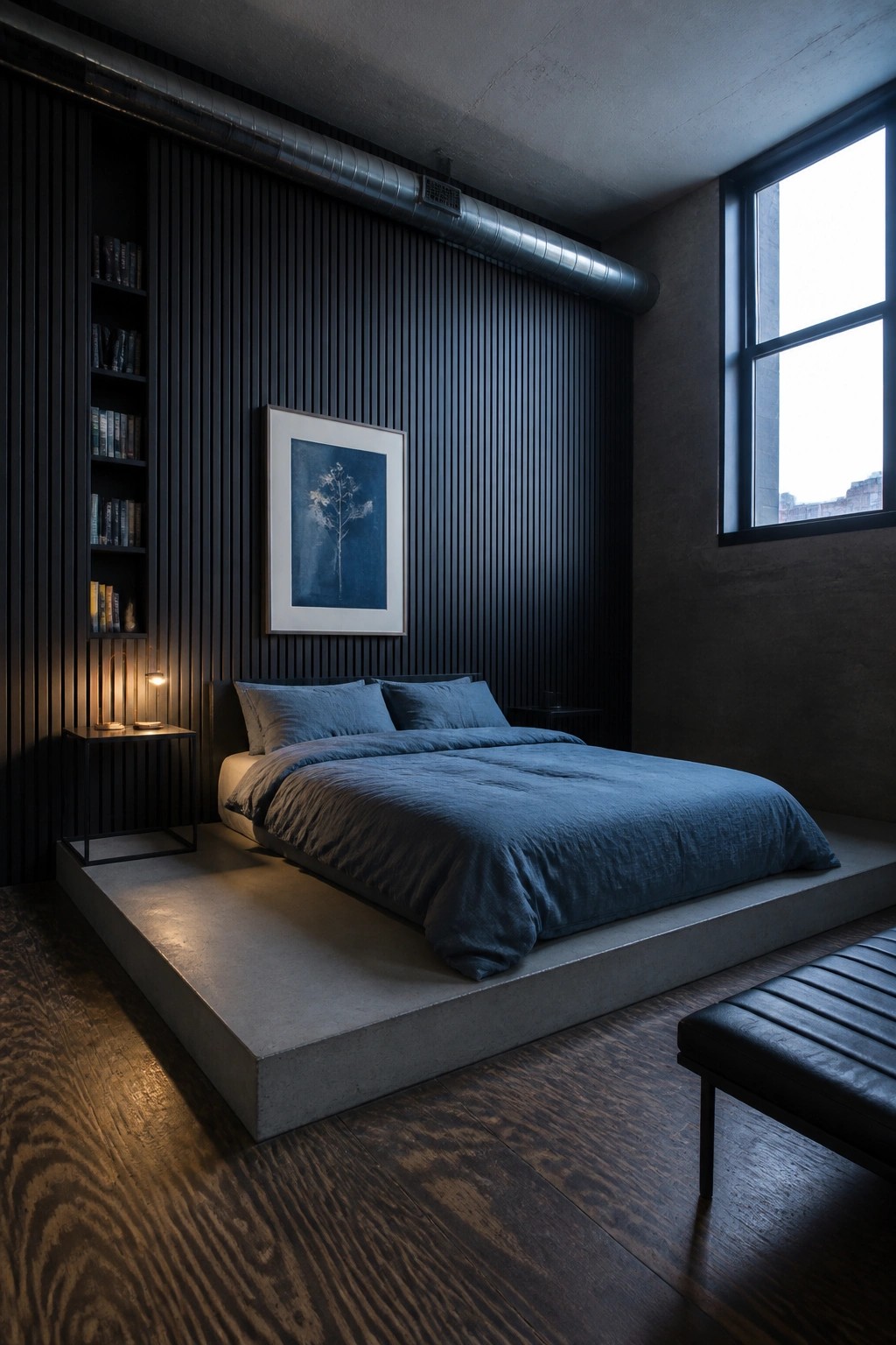 A bedroom featuring a dark vertical slatted wood accent wall behind a low platform bed with blue bedding and a framed print.