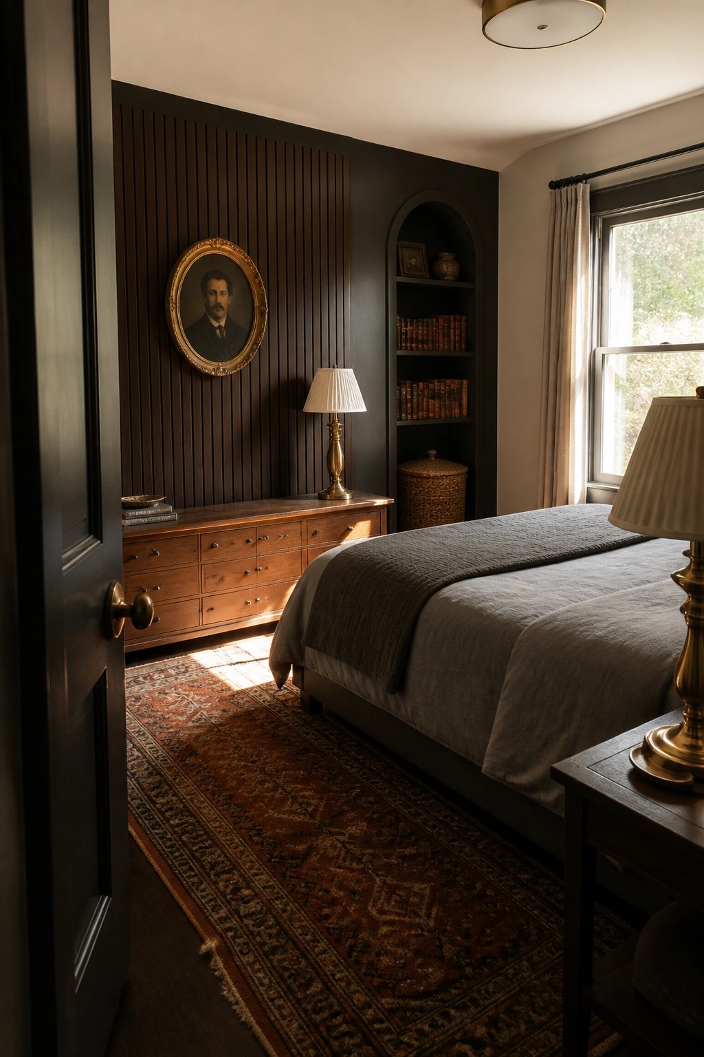 A bedroom with a dark vertical slatted wood accent wall, a wooden dresser below a framed portrait, built-in arched shelves with books, and a bed with gray bedding.