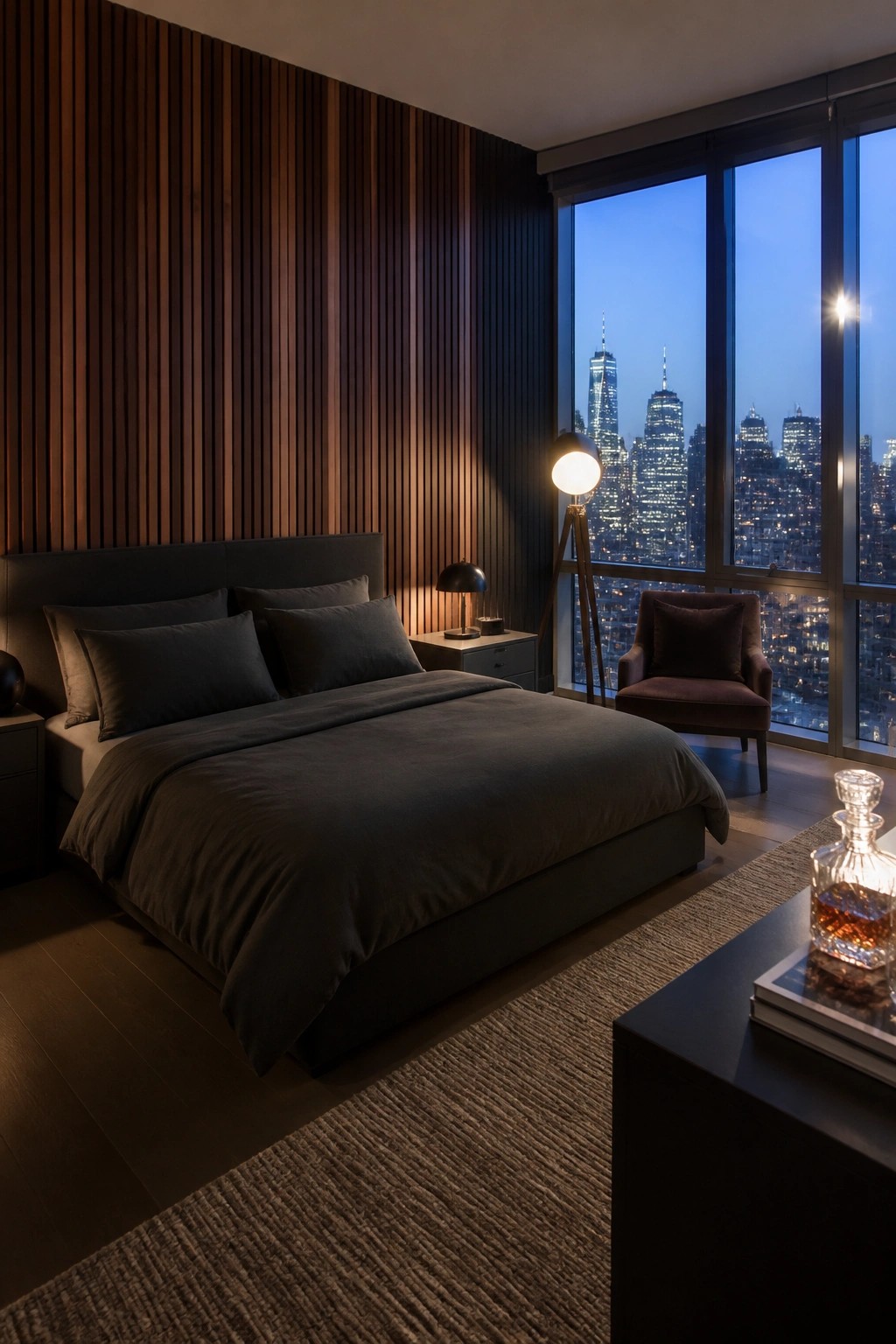 Modern bedroom with dark gray bedding, wooden wall, floor lamp, and city skyline at night.