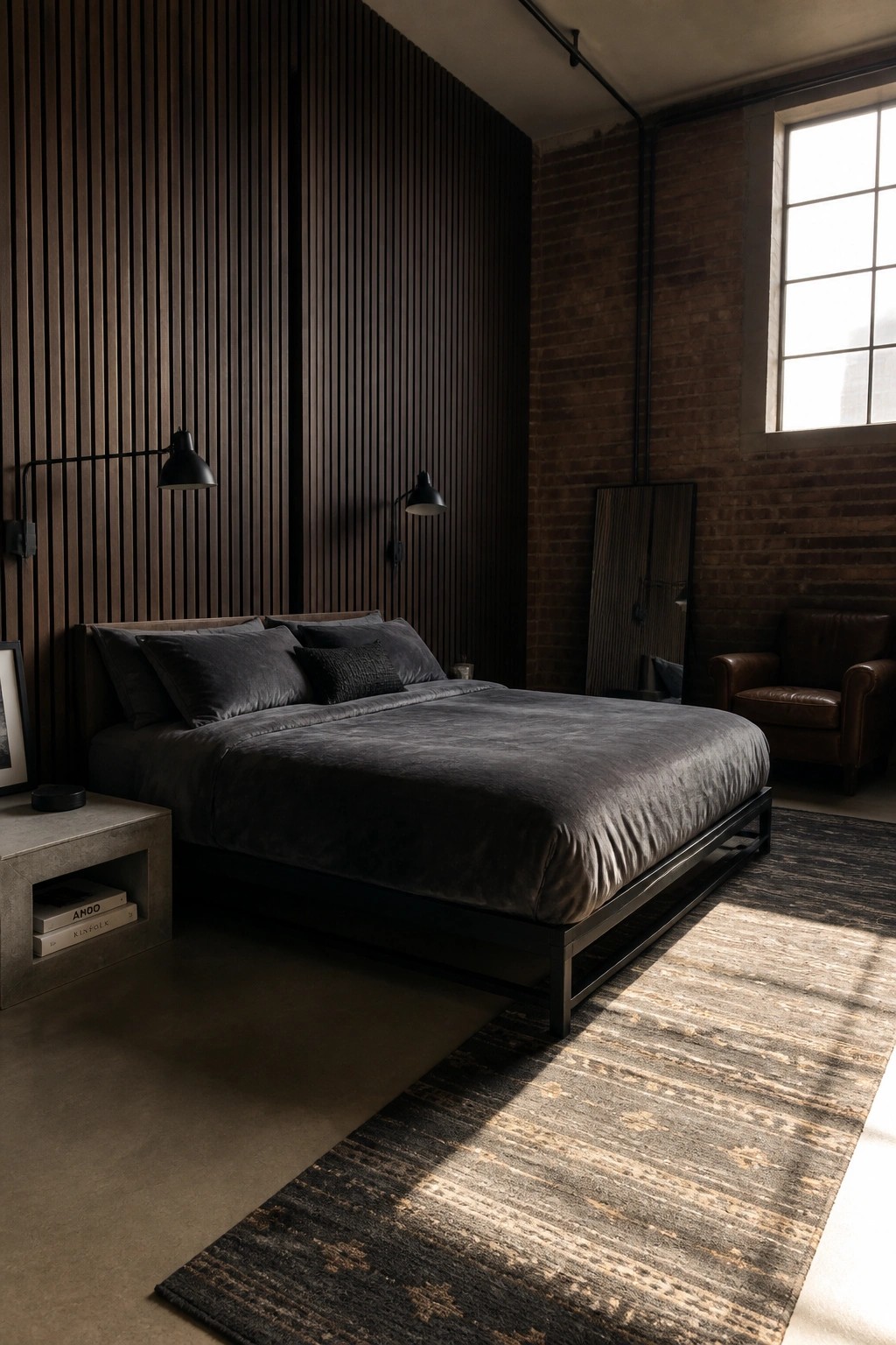Dark modern bedroom with gray velvet bed, wood slat wall, brick, and rug.