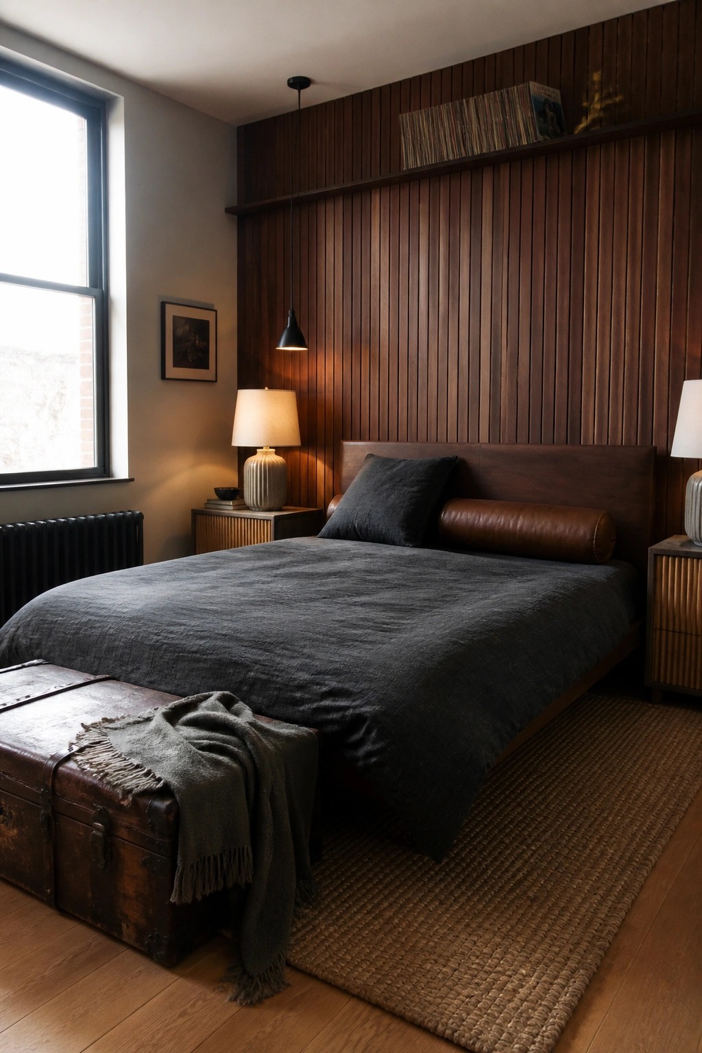 Dark bedroom with wood-paneled wall, gray linen bedding, leather bolster, and vintage trunk.