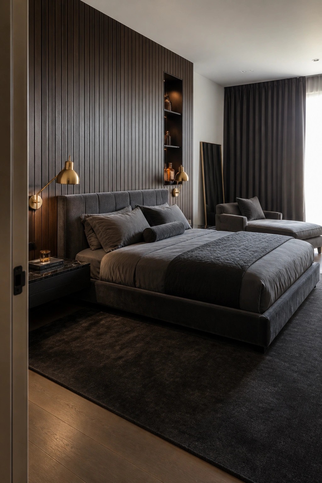 A bedroom with a dark gray upholstered bed against a vertical dark wood slat accent wall, featuring built-in shelves with lighting and brass wall sconces.