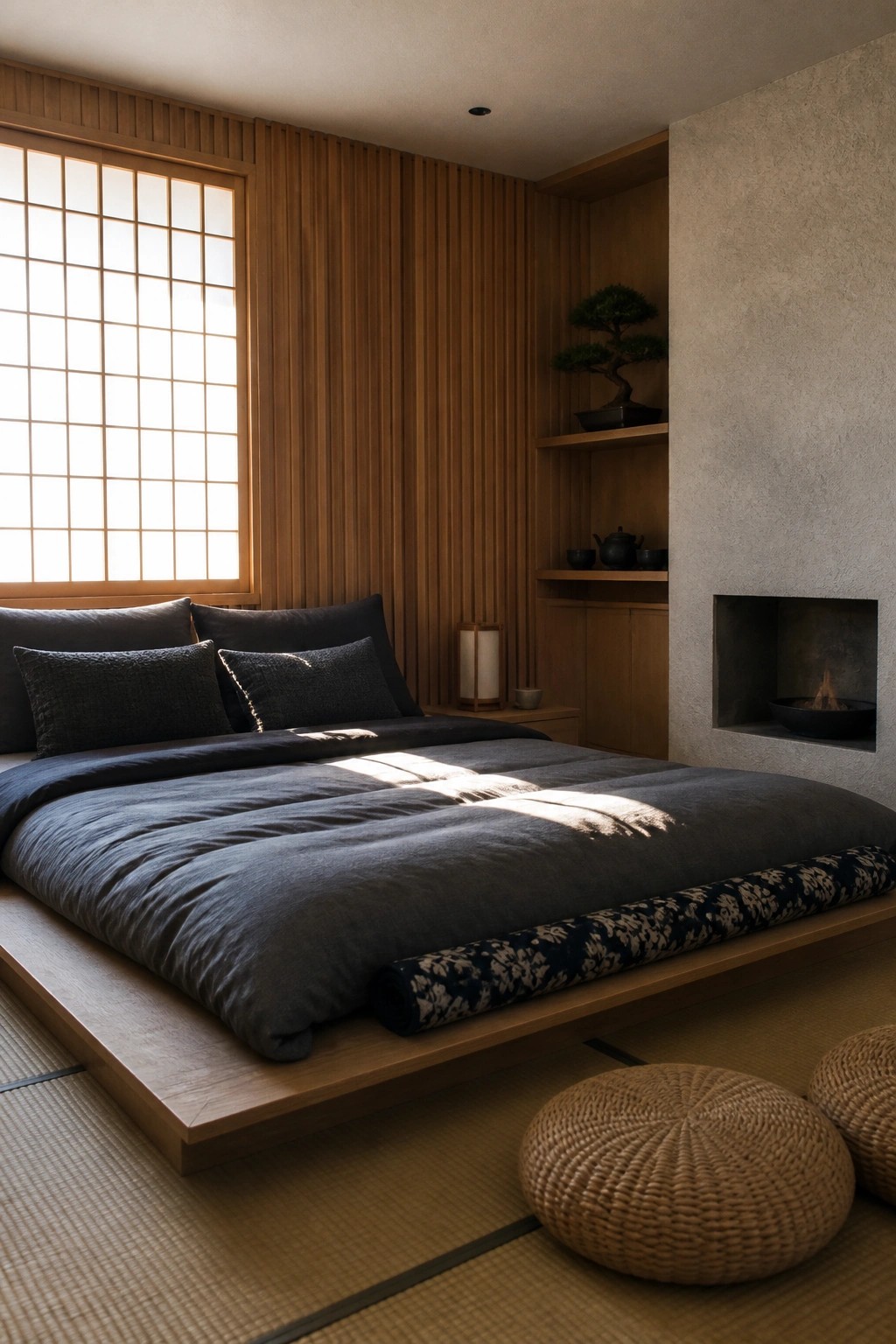 A low platform bed with dark bedding is positioned against a vertical wood slat accent wall in a minimalist bedroom with a shoji screen and built-in shelves.