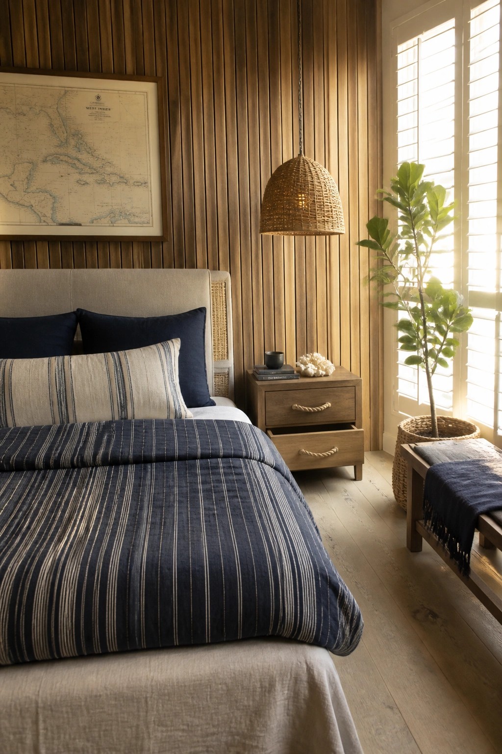 A bedroom featuring a bed with navy and striped bedding against a vertical wood slat accent wall, a woven pendant light, and a framed map above the headboard.