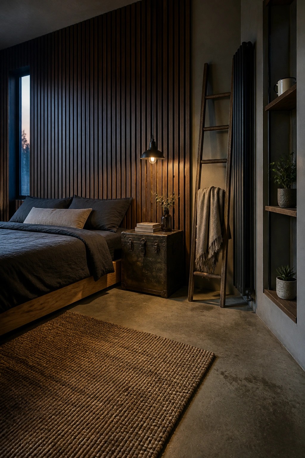 Dark bedroom with bed, wooden ladder, trunk nightstand, pendant light, and jute rug.