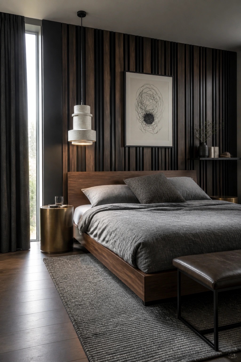 A bedroom featuring a wooden bed with gray linens against a vertical slatted wood accent wall, a hanging pendant light, and a framed abstract artwork.