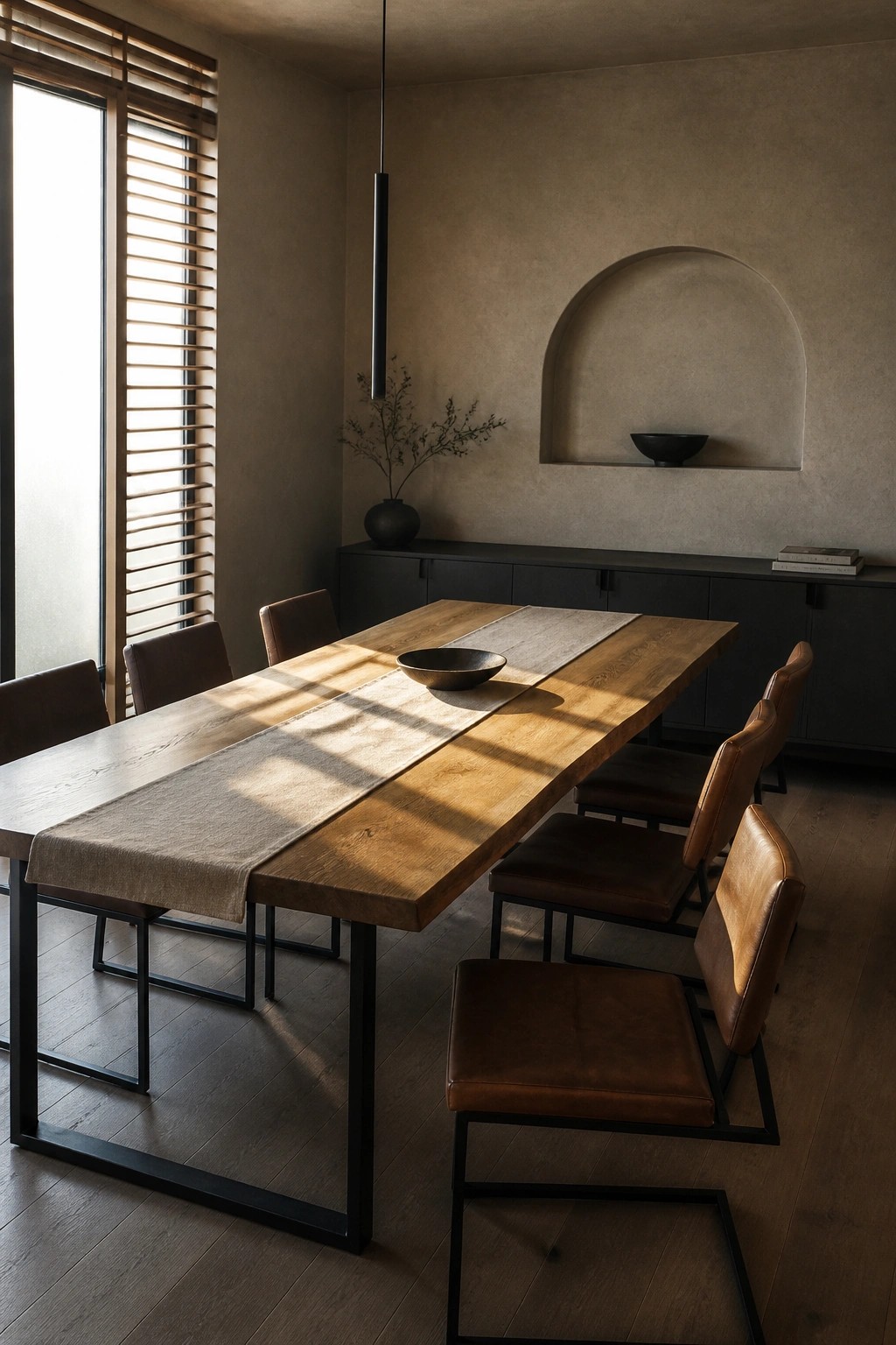 A long wooden dining table with black metal legs sits in a minimalist room with brown leather chairs, a linen runner, and a dark sideboard against a plain wall.