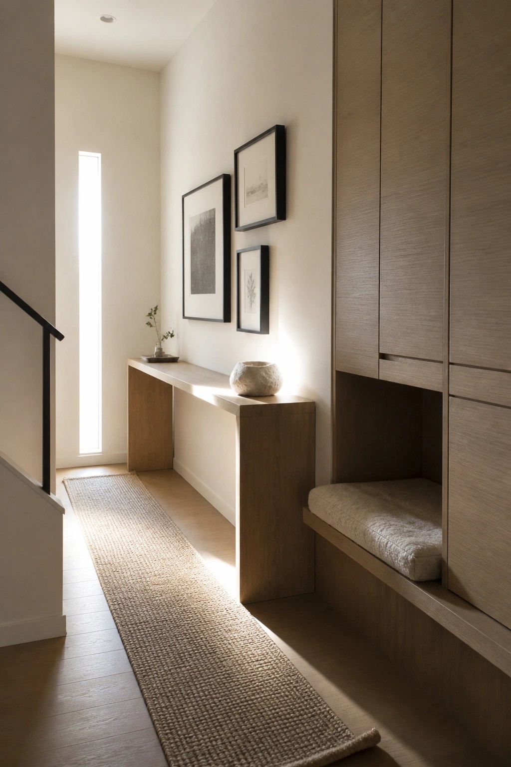 Minimalist hallway with woven runner rug, wooden console table, and built-in bench.