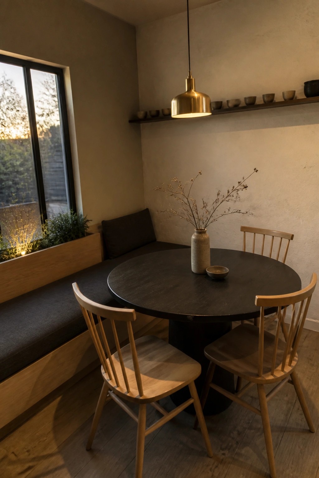 A round dark wood dining table with light wood spindle chairs and a built-in upholstered bench in a neutral minimalist interior with a brass pendant light overhead.