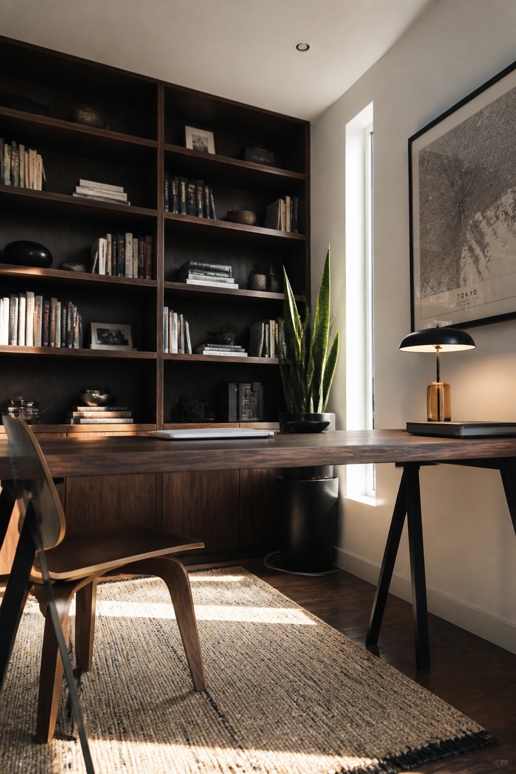 Modern wooden desk and chair in sunlit study with bookshelves and snake plant.