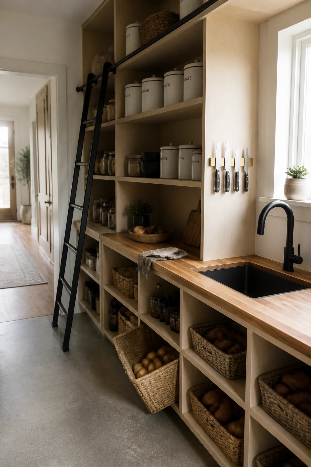 A kitchen interior with light wood open shelving, a black rolling ladder, a black sink, and woven baskets on the lower shelves.
