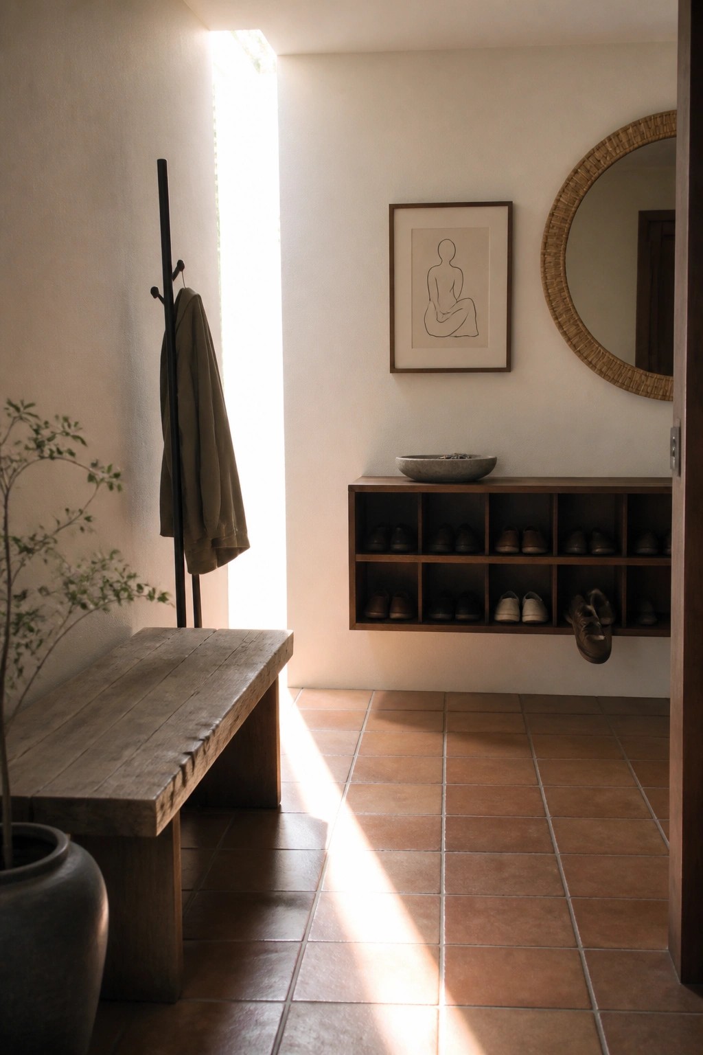 A minimalist interior entryway featuring a wooden bench, wall-mounted shoe cubby shelves filled with shoes, a coat rack with a jacket, a round woven mirror, framed art, and terracotta tile flooring.