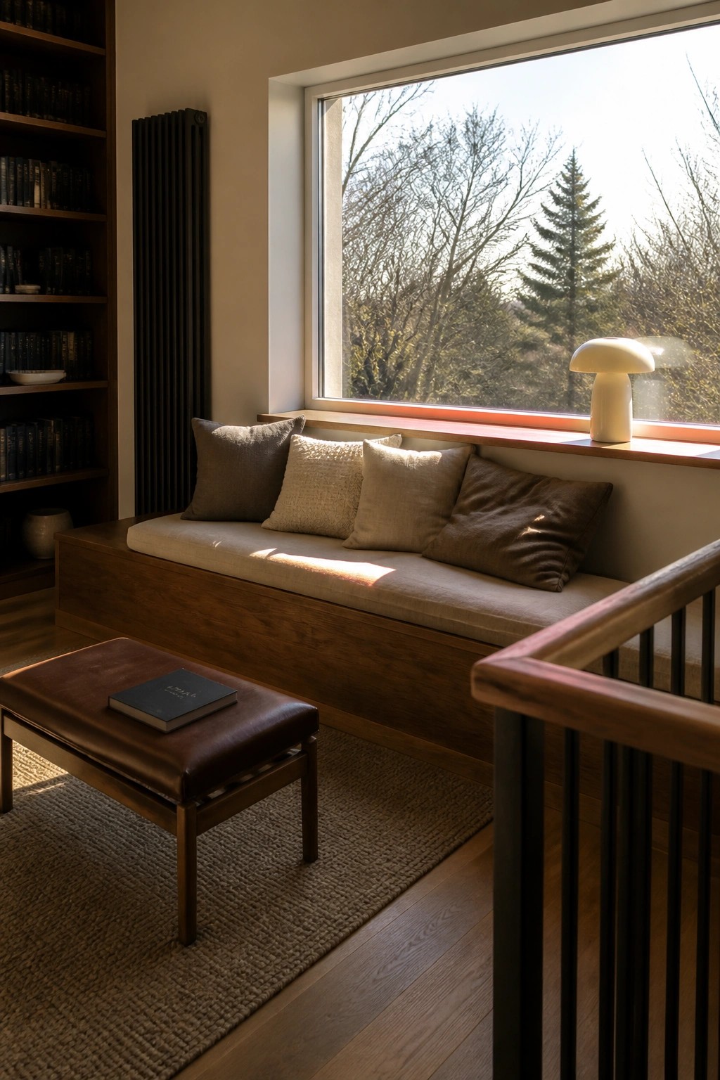 Interior view of a wooden built-in window bench with neutral cushions, a leather ottoman holding a book, and a small lamp on the sill beside a tall bookshelf.