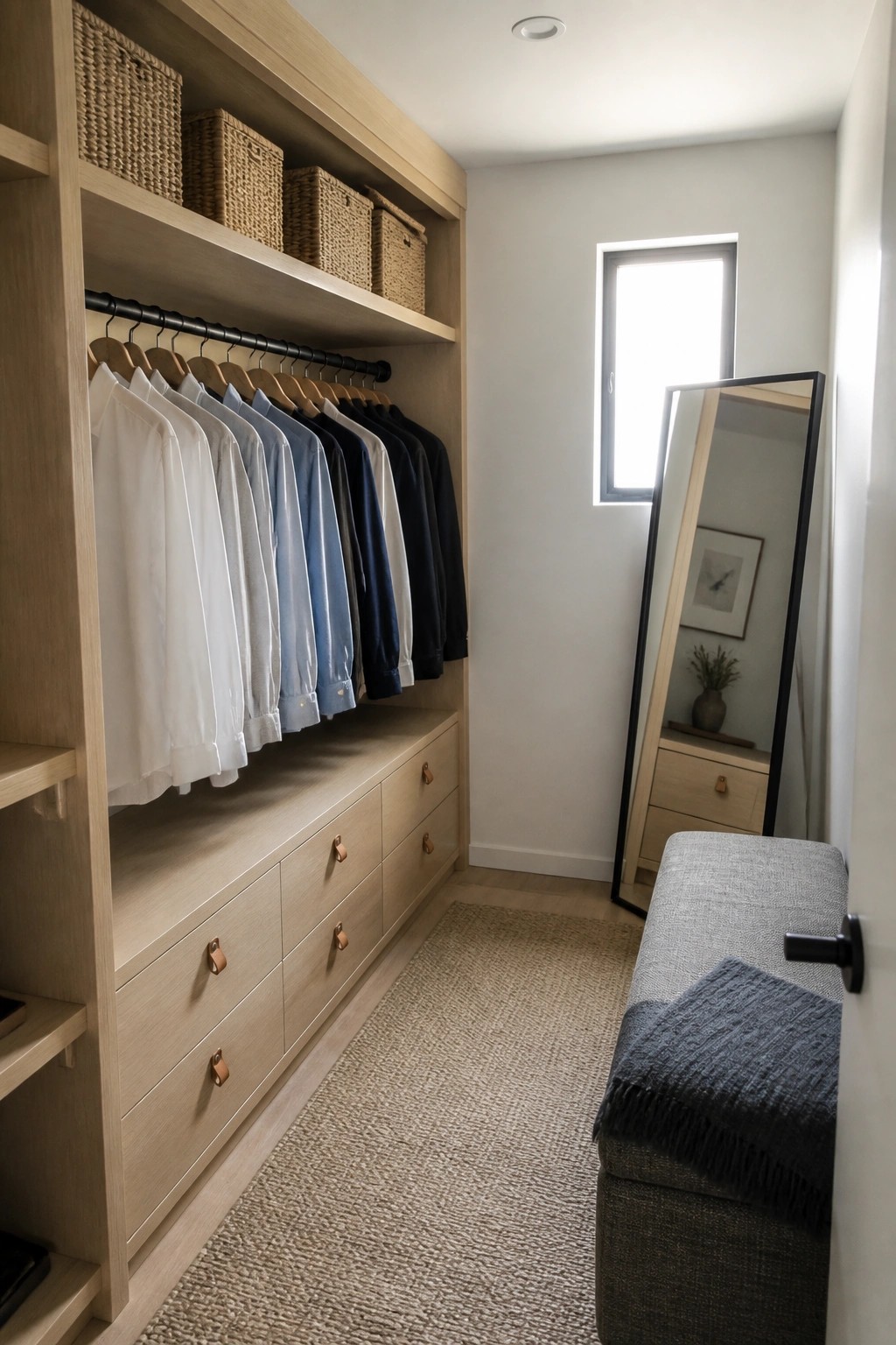 A narrow walk-in closet featuring light wood built-in shelves and drawers, a black hanging rod with shirts, woven baskets on upper shelves, a full-length mirror, and a gray upholstered bench on a woven rug.