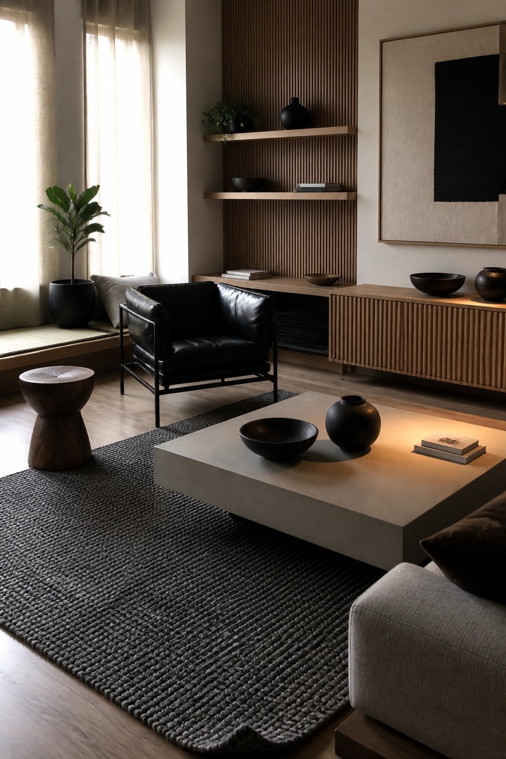 A living room with a low concrete coffee table on a dark textured rug, a black leather armchair, wooden built-in shelves and cabinet, and a potted plant near the window.