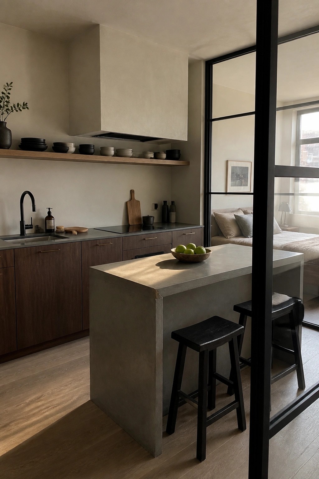 Minimalist kitchen with concrete island, black stools, green apples, and bedroom view beyond.