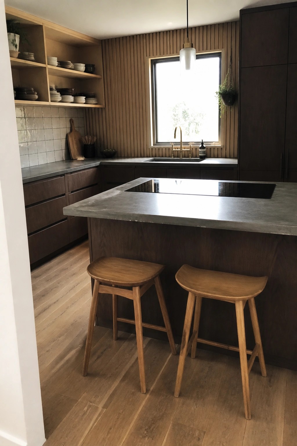 A kitchen with a concrete island, two light wood stools in front, dark wood cabinets, open shelving on the left wall, and a large window above the sink area.
