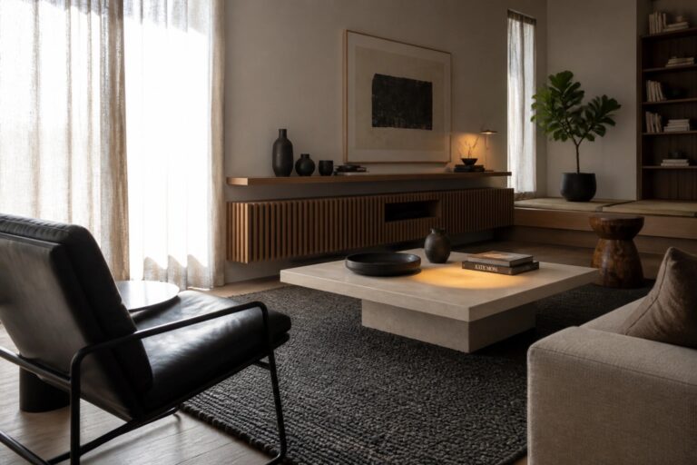 20 Fresh Japandi Masculine Interior Design Ideas Using Wood and Minimalist Furniture A living room with a low concrete coffee table on a dark textured rug, a black leather armchair, wooden built-in shelves and cabinet, and a potted plant near the window.