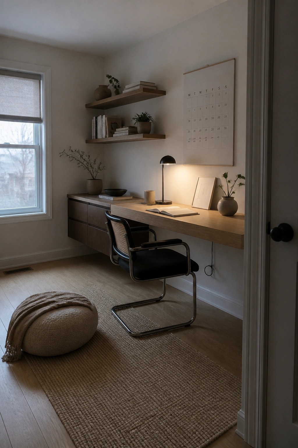 A minimalist home office with a floating wooden desk, black cantilever chair, open shelves, and woven rug on light wood flooring.