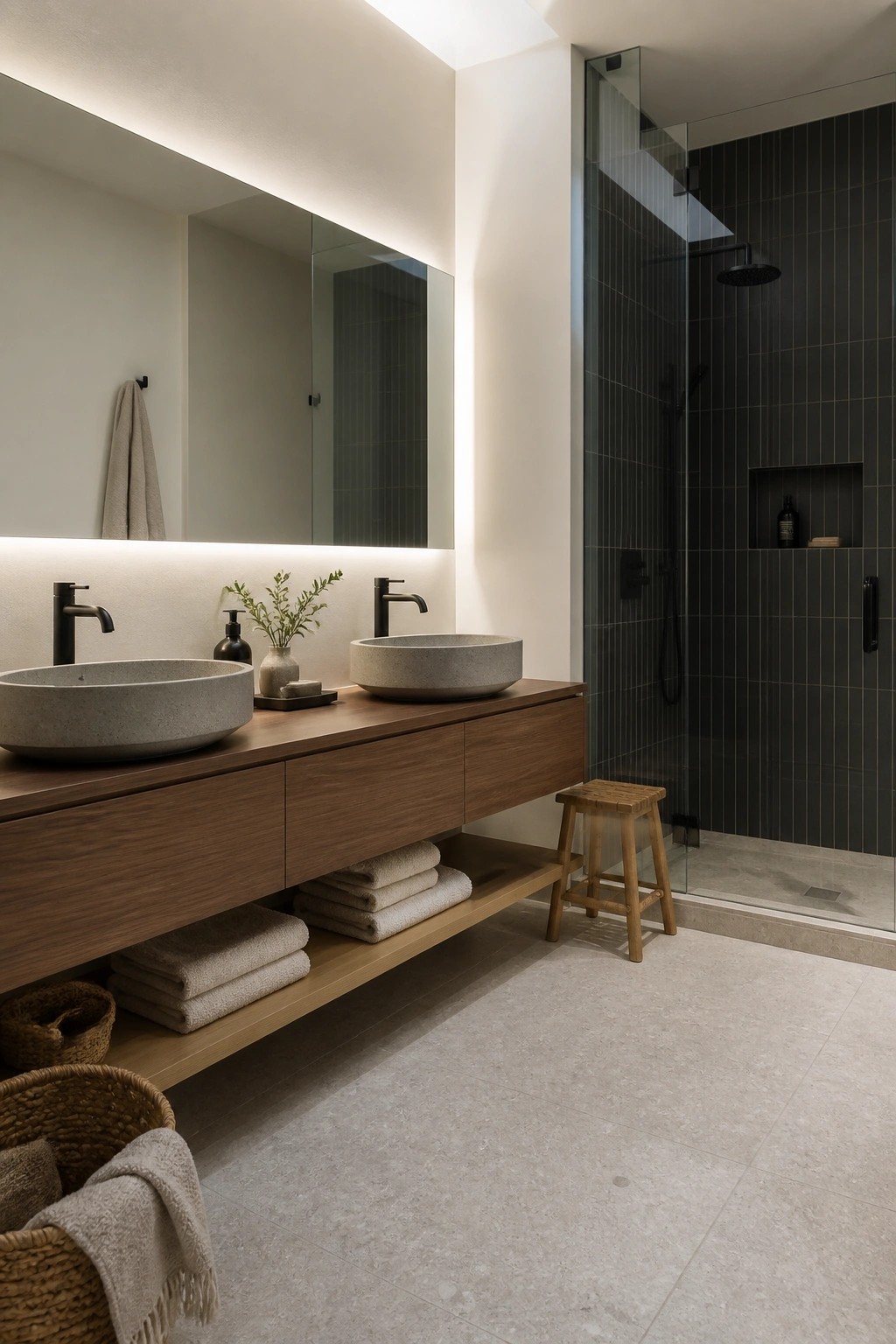 A bathroom with a long floating wooden vanity holding two gray stone vessel sinks, black faucets, and open lower shelves with folded towels beside a dark tiled shower enclosure.